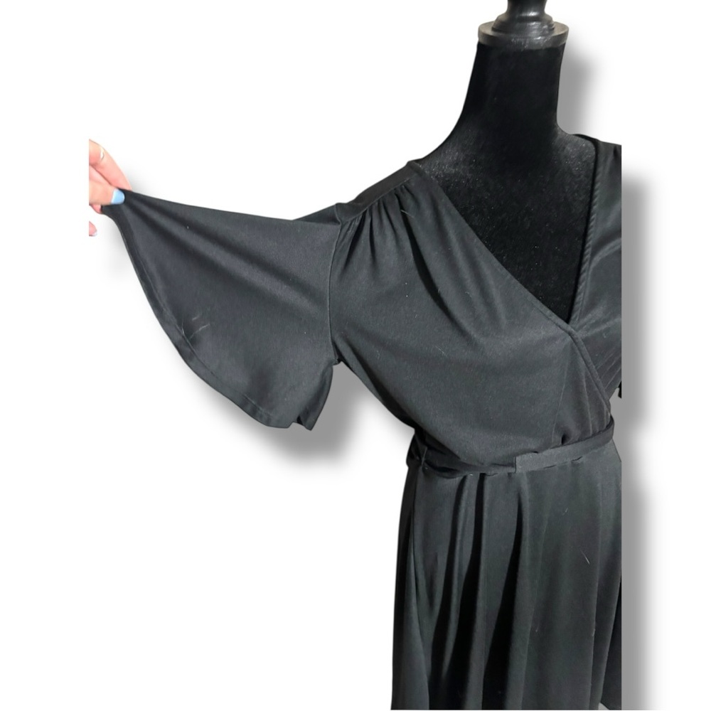 Velvet Torch Black Short Flutter Bell Sleeve Wrap Style V-Neck Midi Dress - Picture 7 of 16